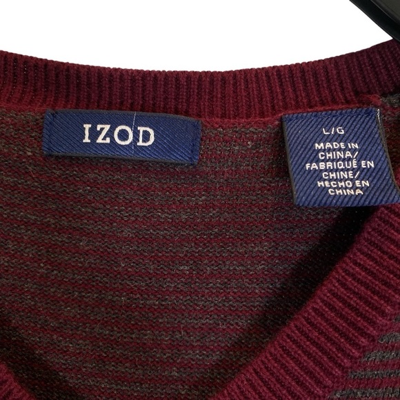 IZOD Classic Men's size Large burgundy gray striped v neck knit sweater vest - Picture 5 of 6